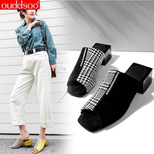 ODS Summer Womens High-Heeled Slippers Popular All-Match Simple Square Head Cloth Thick Heel Sandals Open Toe Lady Pumps