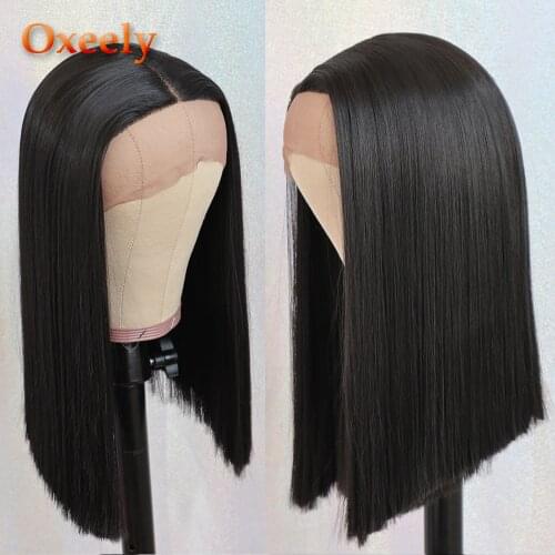 Oxeely Lace Front Wigs Short Bob Synthetic Wigs for Black Women Glueless Black Color Straight Bob Wig Heat Resistant Fiber Hair
