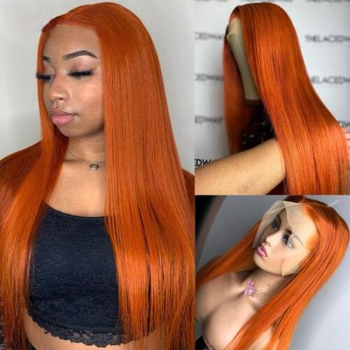 Orange Human Hair Wigs 180% Density 13*4 Lace Frontal Brazilian Straight Human Hair Closure Wigs Color PrePlucked With Baby Hair