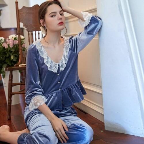 Roseheart Winter Blue Women Sleep Pajama Sets Sleepwear Suits Nightwear Pleuche Plus Size 2 Piece Nightgown Lace Keep Warm