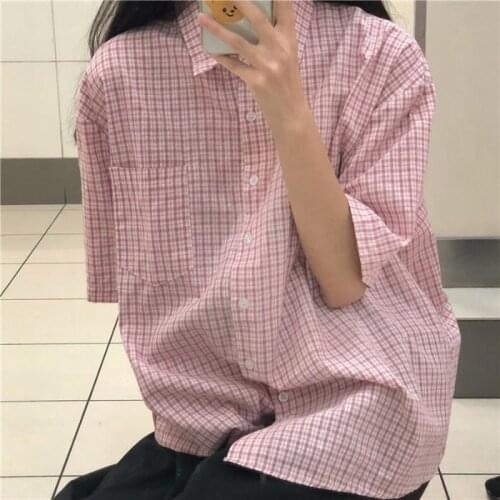 HOUZHOU Plaid Shirt for Teenage Girls Summer New Harajuku Oversize Short Sleeve Checked Blouse Pink Button Up Cardigan Cotton
