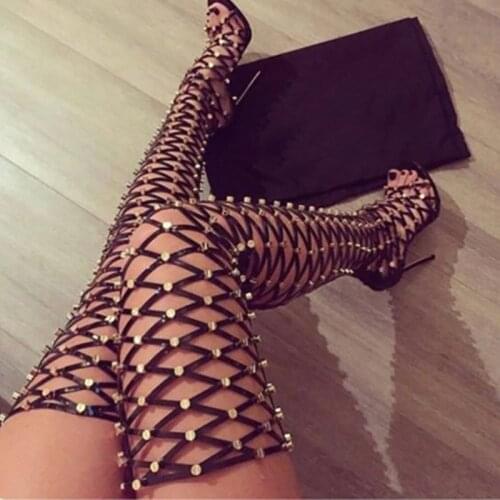 Rivet Gladiator Long Boots Woman High Heeled Sexy Cut Out Over The Knee Long Boots Skin Glossy Runway Shoes Manufacturer Size 10