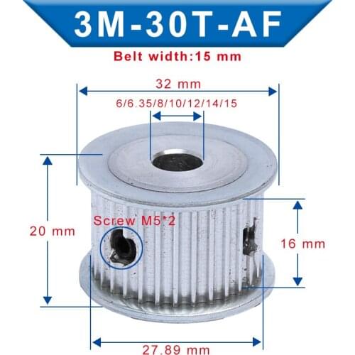 Timing Pulley 3M30T Bore 6/6.35/8/10/12/14/15 mm Aluminum Belt Pulley Slot Width 16 mm Fit For 3M-synchronous belt Width 15mm