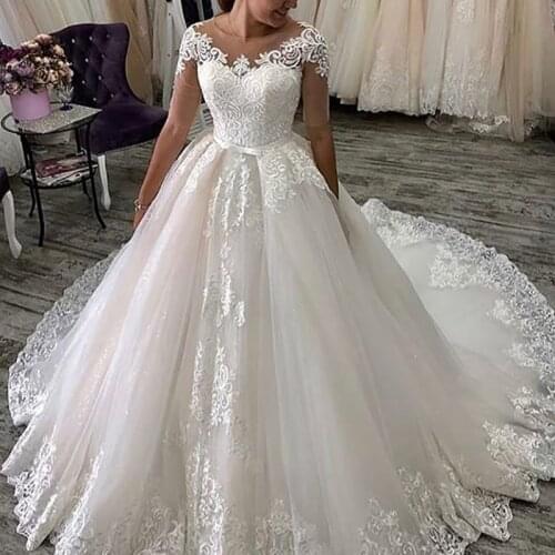 Vestido De Noiva 2021 O-Neck Half sleeve Princess Wedding Dress Appliques Ball Gown Luxury Bride Dresses Sexy Robe De Mariee