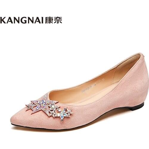 KANGNAI Flat Shoes Women Pointed Toe Crystal Decoration Shallow Slip-On Kid Suede Fashion Ladies Apricot Black Shoes