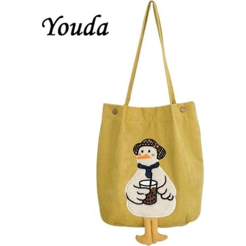 Youda New Womens Corduroy Cute Duck Embroidered Shoulder Bag Student Sweet Book Shopping Handbag Totes Bags for Girls