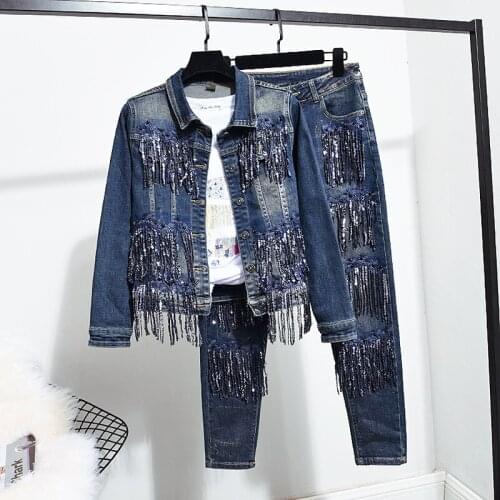 Fashion tassel Sequins Denim Jacket Women set Autumn New Long-Sleeve Tops Little Feet Jeans Two Piece Outfits Ladies Tide H1025