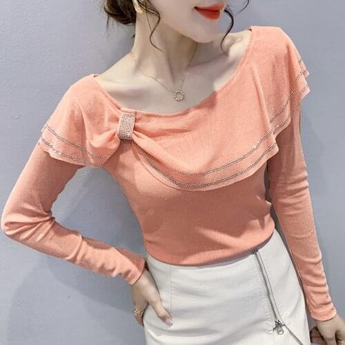 New 2021 Autumn Long Sleeve Womens T-Shirt Fashion Casual Ruffles Shirt Elegnt Slim Diamond Mesh Tops