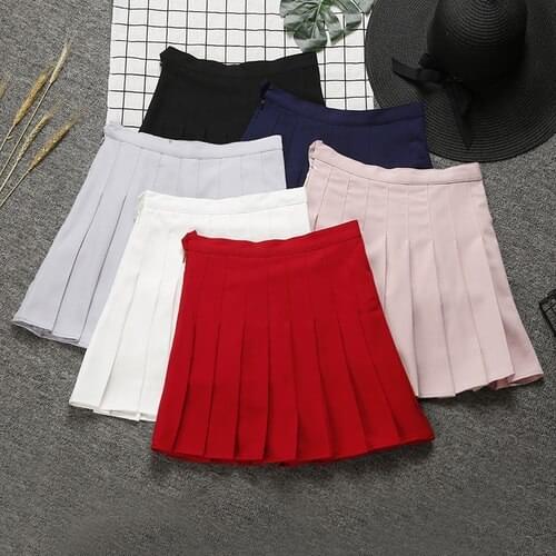 2019 Summer Skirt For Women Korean Style Casual High Waist A Line Pleated Skater Skirt Black White Pink Red saia feminina B19