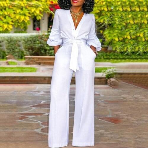 White Jumpsuits for Women Long Sleeve Solid High Waisted V Neck Floor Length Fashion Elegant Evening Night Party Wedding Rompers