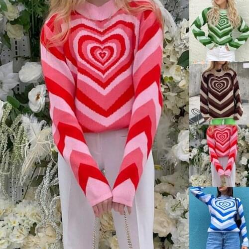 Striped Sweaters Women Pactckwork Y2K Knitted Sweater Winter Heart Pullovers Laides Long Sleeve Knitwear Harajuku Pink Sweater