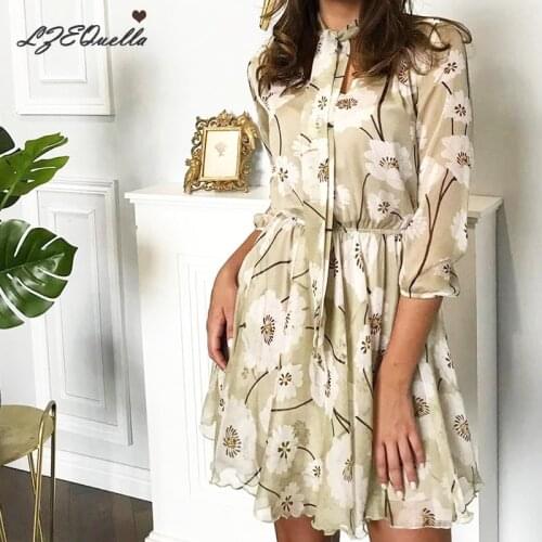 LZEQuella Women Elegant Chiffon Boho Mini Dress Ruffles Half Sleeve Summer Floral Party Dress Ladies V Neck Sweet Clothes NZ1400