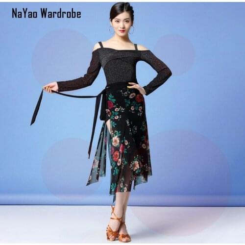 2021 New L58 Female Latin Dance Dress Women Yarn Floral Design Skirt Belly Performamnce Dancing Skirt and Tops for Modern Dance