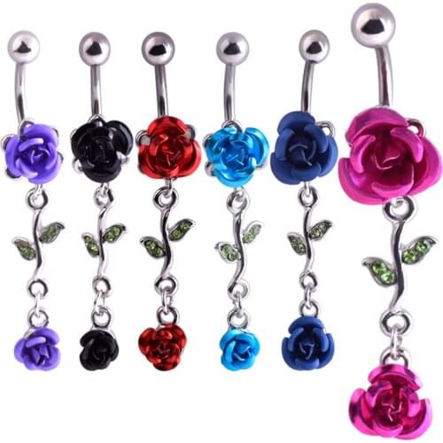 1PC Medical Steel Rose Flower Belly Button Ring Dangle Navel Women Dangle Belly Rings Navel Piercings Body Piercings Jewelry