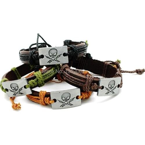 12PCS Hand Woven Hemp Rope Leather Bracelets Cool Boy Mens Pirate Skull Bracelets Friendship Gift MB39