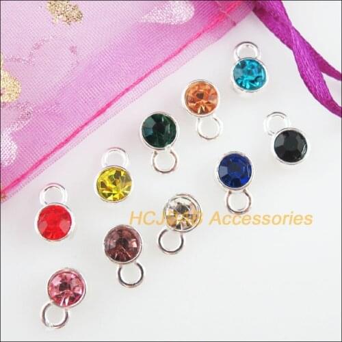 30 New Tiny Round Charms Silver Plated Mixed Crystal Pendants 7x10.5mm