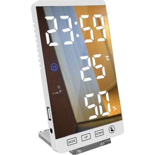 Digital Alarm Clock Mirror Touch Wall Clock 6 Inch LED Time with Temperature Humidity Display USB Port Table Electronic Clock