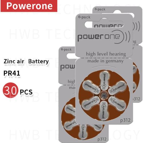 5pack(30PCS) Powerone 60 Zinc air batteries Size 312 P312 PR41 for hearing aid free shipping