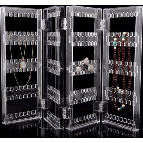 Foldable 4 Panel Clear Acrylic Makeup Jewelry Organizer Holder 256 Holes Earring Stud Necklace Bracelet Case Cabinet Stand Shelf