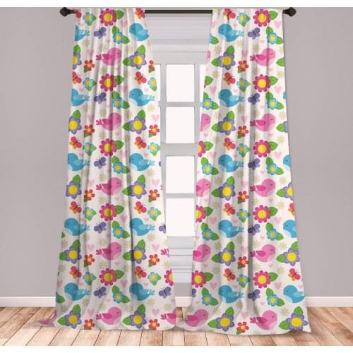 Baby Curtain for Kids Room Birds Heart Flowers and Butterflies in Cartoon Style Romantic Wedding Lightweight Window Drapes
