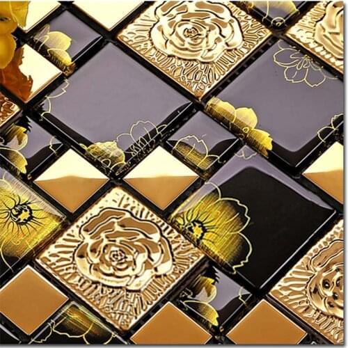 European 3D Rose Flower Caved Gold Metal Glass Mosaic Tile, kicthen Fireplace Background Living Room Wall Tile
