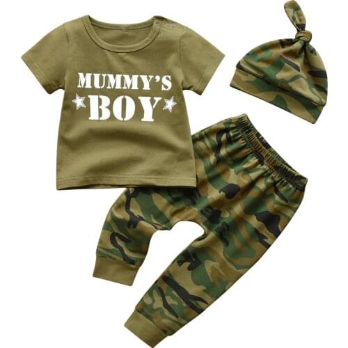 Newborn Baby Boy Clothes Set Summer Short Sleeve Letter Mama Boy T-shirt+Camouflage Pants+Headband Infant Clothing Outfits