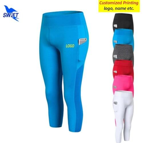 Compression Women Capris Yoga Tights With Pockets 3/4 Running Pants Quick Dry Gym Fitness Leggings Sportswear Bottoms Customize