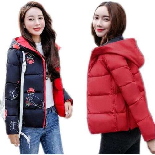 2018 New Fashion Print Autumn Winter Women Short Parkas Female Hooded Down Cotton Jacket Both To Wear Plus Size 3XL Padded Q625
