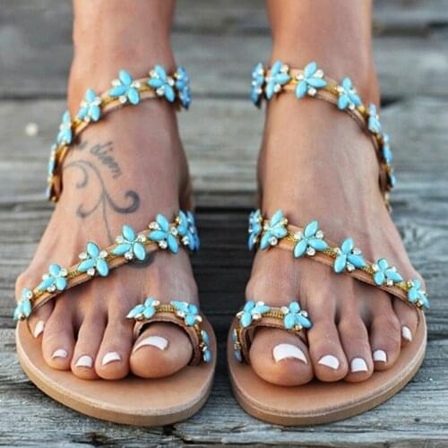 Summer Flat Sandals Sweet Boho Pearl Decoration Sandals Women Beach Sand Holiday Shoes Leather Flats Plus Size