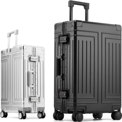 Letrend Retro Black Aluminium Spinner Rolling Luggage Cabin Suitcases Wheels Vintage Trolley Men Carry On Travel Bag Trunk