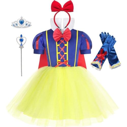 Girls Snow White Fancy Dress Kids Carnival Christmas Party Princess Costume Children Birthday Performance Clothes Wig Crown JYF