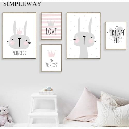 Baby Nursery Wall Art Canvas Poster Rabbit Crown Print Cartoon Painting Decorative Picture Nordic Kid Child Bedroom Decoration