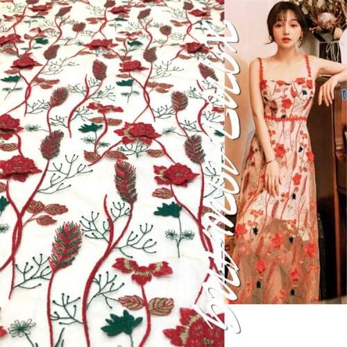 New quality 3D mesh embroidery lace fabric for Fashion womens mesh red fairy dress