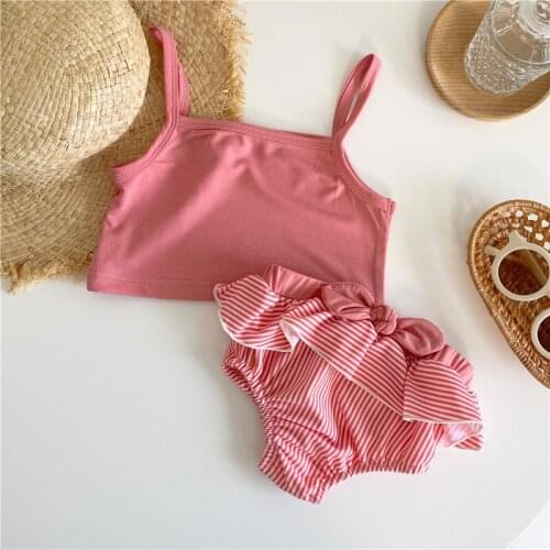 Newborn Baby Girls Split Swimsuit Top Sling +Shorts Ruffles 2Pcs Baby Bathing Suit Summer Kids Swimwear Beach Clothes Bow Knot