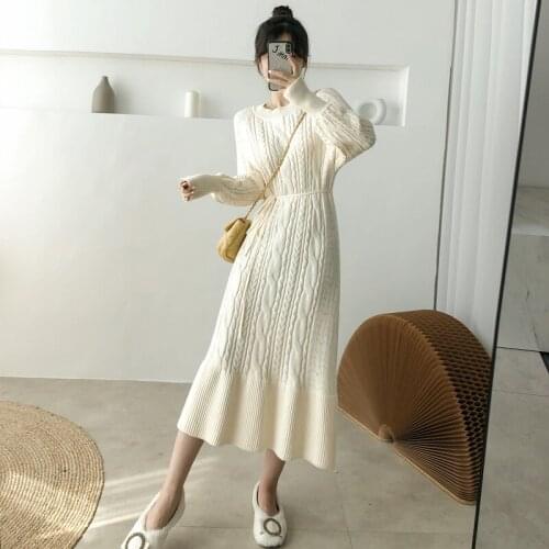FTLZZ Lace Up Autumn Winter Casual Pullover Robe Womens Sweater Dress Chic Elegant Long Slim Thread Vestidos Knitted Dresses