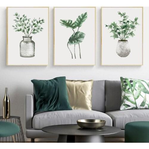 Simple and Elegant Tropical Green Plants Hand-Painted Wall Art Posters Modern Palm Leaves Canvas Decorative Pictures for Home