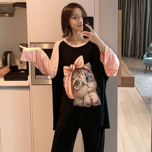 QWEEK ModaL Pajamas Long Sleeved Suit Plus Size 2 Piece Set Women 4xl Summer Pyjamas Kawaii Cat Printing Sleepwear Pijamas Cute