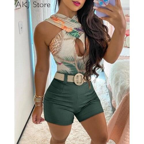 Sexy Set Women Halter Cutout Front Print Top & Shorts Set