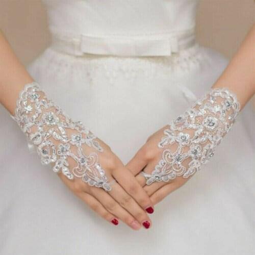 Wedding Wrist Gloves Hook Finger Embroidered Beaded Lace Bride Mittens Accessory