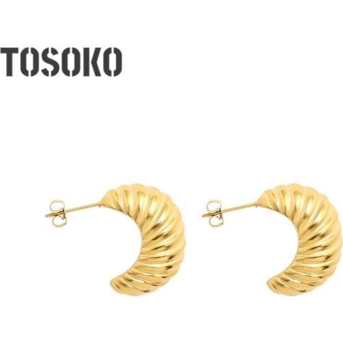 TOSOKO Stainless Steel Jewelry French Horn Bag Earrings With Moon Twist Pattern Earrings Womens Fashion Ornaments Gift BSF177
