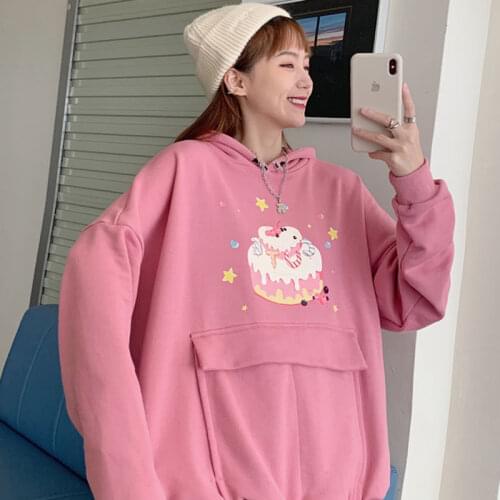 Y2k Pink Kawaii Cartoon Print Hoodie Harajuku Cute Oversized Long Sleeve Sweatshirt Preppy Style Women Clothing Autumn 2021 New