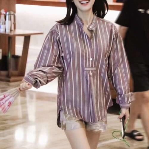 2021 Early Autumn Women Long Sleeve Blouse Stand Collar Ladies Loose Causal Fashion Stripes Shirt and Tops with Buttons