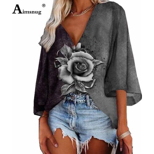 Women Three Quarter Sleeve Model Rose T-shirt Latest Summer Tops Clothing Plus Size 5xl Female Casual V-Neck Beach Tees Shirt