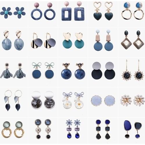 Summer Korean Blue Geometric Acrylic Irregular Hollow Circle Square Drop Earrings for Women Metal Bump Party Beach Jewelry