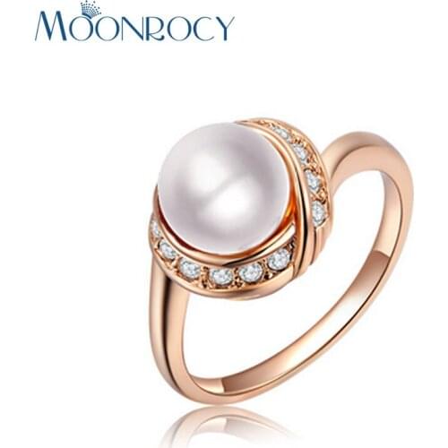 MOONROCY Free Shipping Jewelry Imitation Pearl Crystal Rings Rose Gold Color Wedding Rings for Women Gift Drop Shiping Wholesale