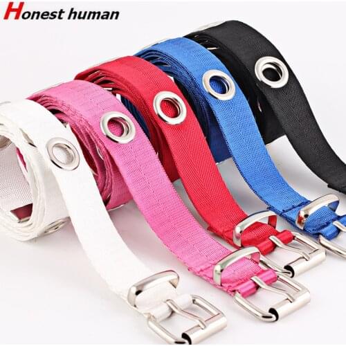 Female Big Metal Hole Canvas Belts Punk Hollow Rivet Pin Buckle Thin Jeans Strap For Women Summer Knotted Decorative Long Belt