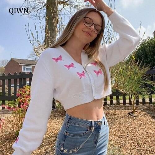Sweet Cute Butterfly Embroidered Cardigan Sweater Women V-neck Sexy Long Sleeve Single-breasted Short Tops Y2k Girl Casual Coat