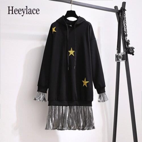 Plus size women winter hoodies sweatshirt dresses women ruffles patchwork star appliques long dresses women korean casual dress