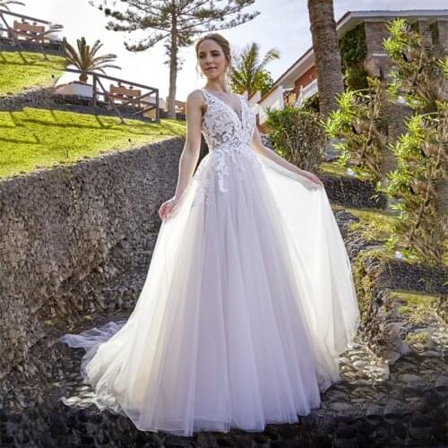 New Arrival Summer Beach V-neckline A-Line Princess Wedding Dresses Boho Lace White Sweep Bridal Gowns 2021 Vestidos De Fiesta