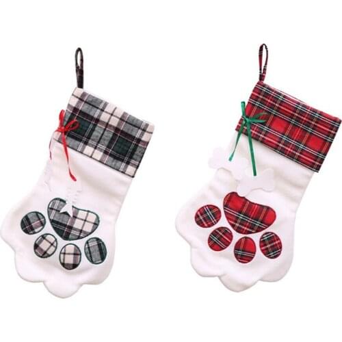 10 pcs Pet Christmas Stocking Plaid Gift Sack for Cat Fireplace Xmas Tree Hanging Ornaments Pendant Dog Paw Stocking Santa Sack